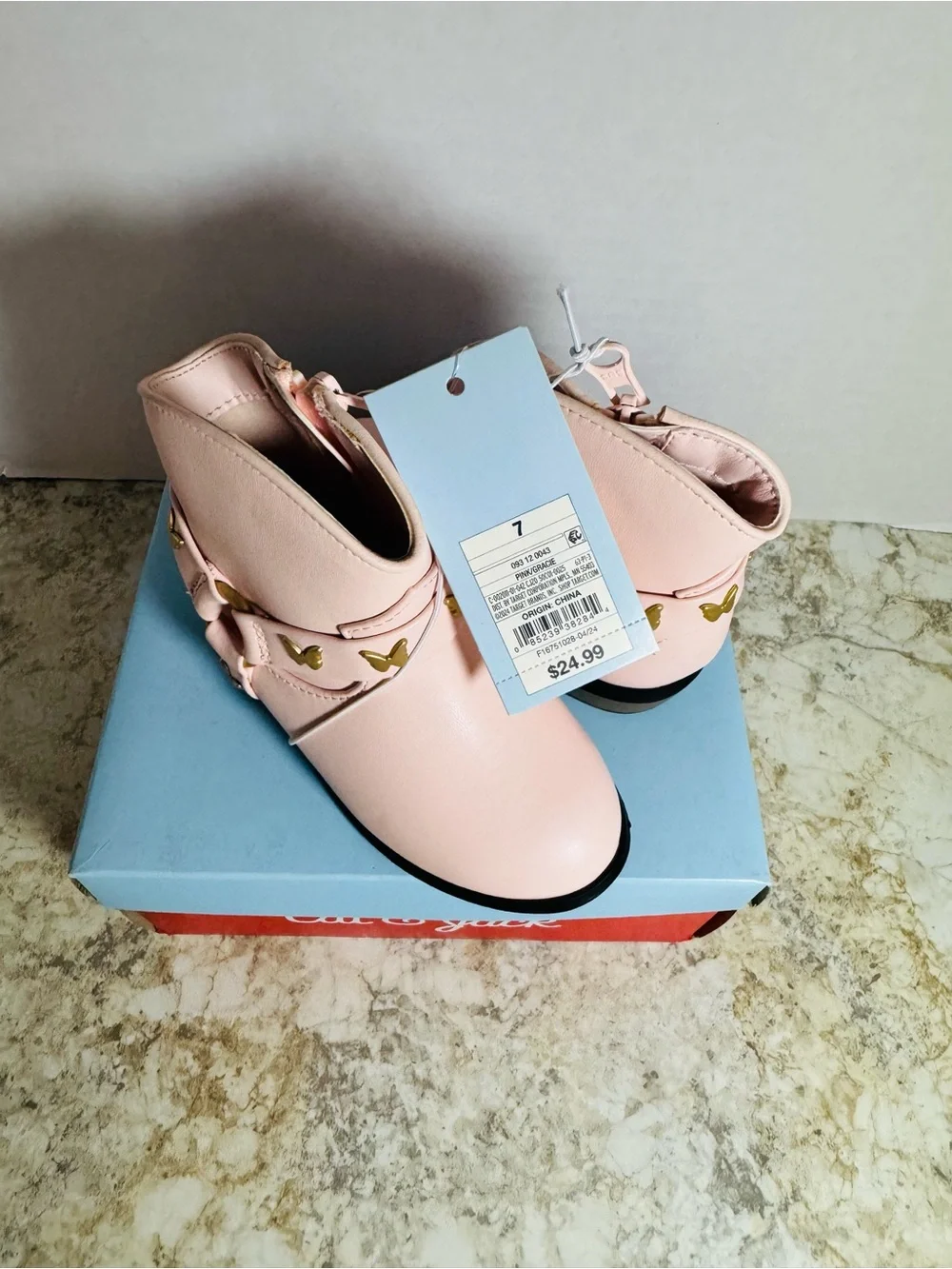 Cat & Jack Pink Girls' Butterfly Strap Ankle Boots Sz 7